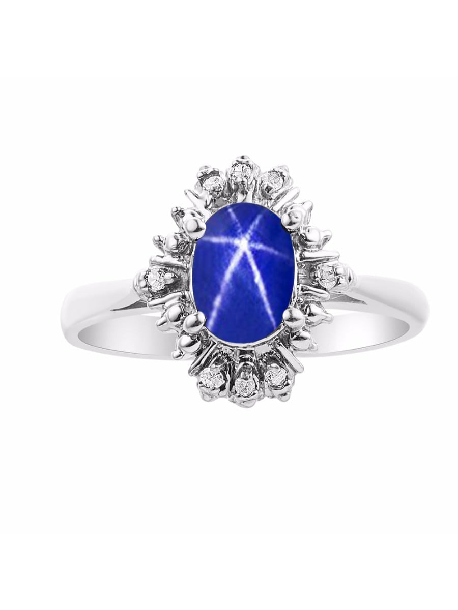 Diamond & Blue Star Sapphire Ring Sterling Silver or 14K Yellow Gold Plated Silver