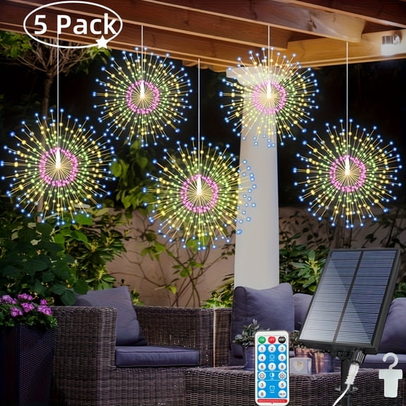 5pcs 450LEDs Solar Starburst Sphere Lights, Firework Lights Remote Control Timer 8 Modes Dimmable Hanging Fairy Light, Copper Wire Sparkly Lights For Patio Party Tent Christmas