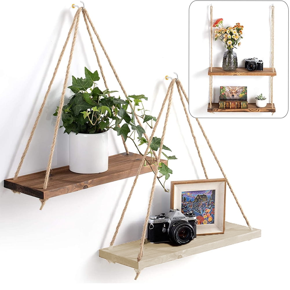 Ludlz Wood Hanging Shelves for Wall Boho Decor Swing Rope Rustic Floating Shelf , Wall Display ...