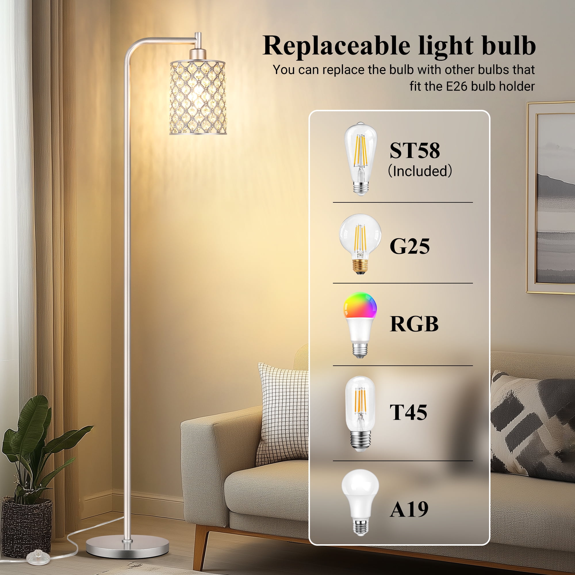 67” Industrial Floor Lamp for Living Room, Modern Standing Lamp with Crystal Lampshade Tall Lamp for Bedroom Study Room, Silver