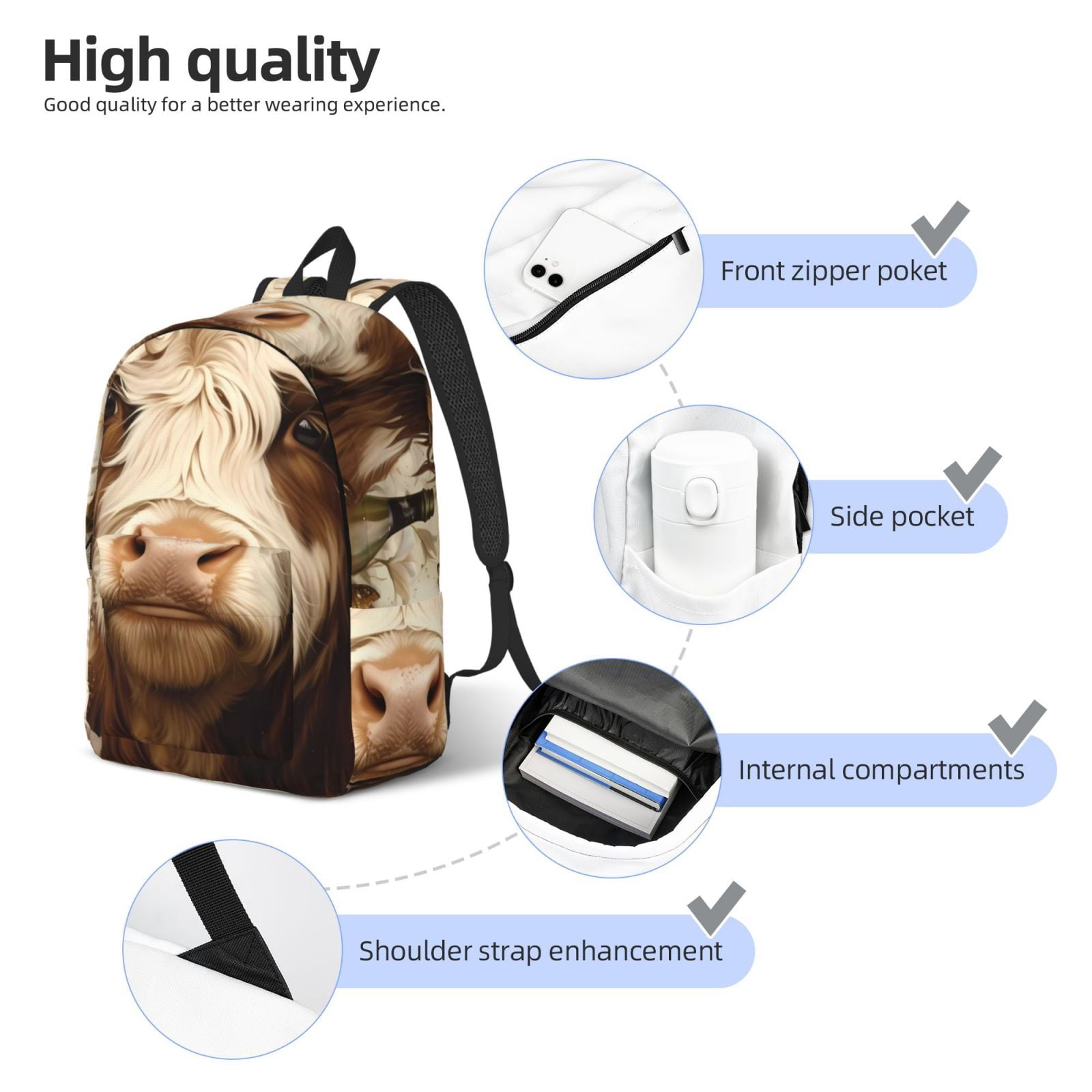 Picia Butterfly Cow Barrel Printed Canvas Daypack - Stylish and Durable Vintage Compact Backpack - Class, Work, Travel, or Laptop Bookbag,Organized Compartments-Small