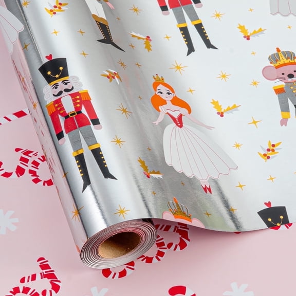 HOMERAL Christmas Wrapping Paper Roll - Silver Gift Wrap with Nutcracker Mouse, Dancing Girl, Candy Cane, Dahlia - Perfect for Christmas - 17 Inch X 33 Feet