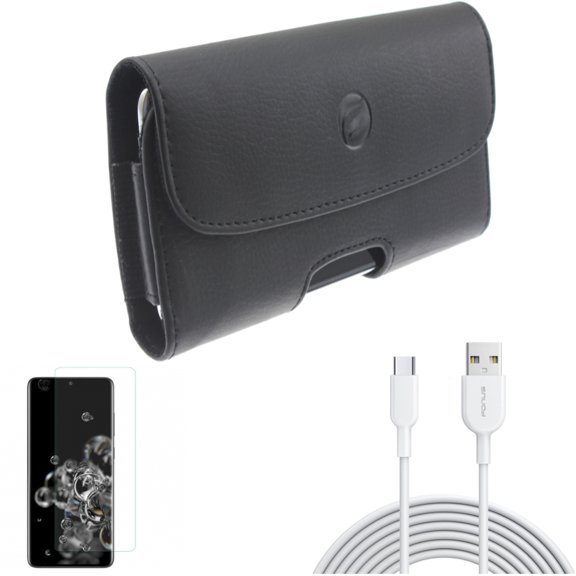 6ft USB-C Cable w Screen Protector w Case Belt Clip for Samsung Galaxy S20 Ultra - Type-C Fast Charger Cord, Tempered Glass [Fingerprint Unlock] 3D Curved Edge, Leather Holster fits Galaxy S20 Ultra