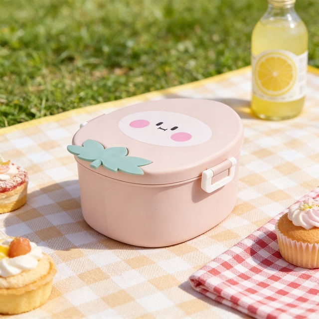 Linnome Cute Children's Peach Compartment Lunch Box Small Fresh Fruit Shaped Complementary Food Box Portable Picnic Bento Box in Pink
