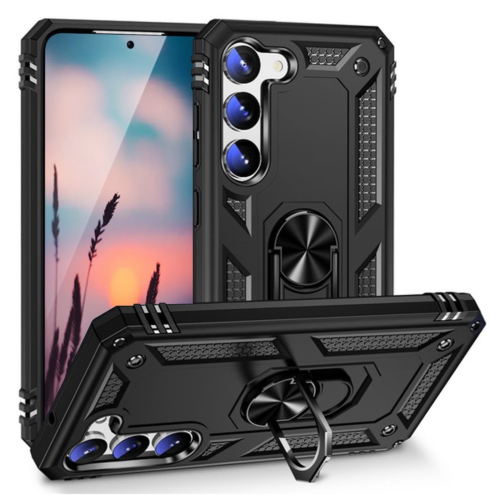TJS for Samsung Galaxy S23 Phone Case, Impact Resistant Metal Ring Magnetic Support Kickstand Drop Protector Cover for Galaxy S23 (Black)