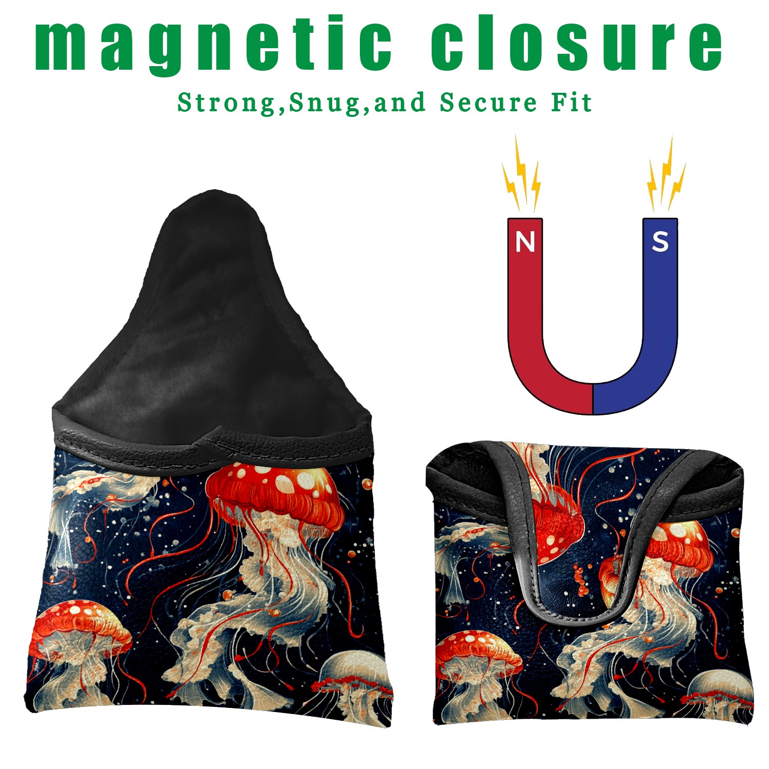 Golf Mallet Putter Cover Premium Leather Waterproof Golf Putter Head Cover with Magnetic Closure Red Jellyfish