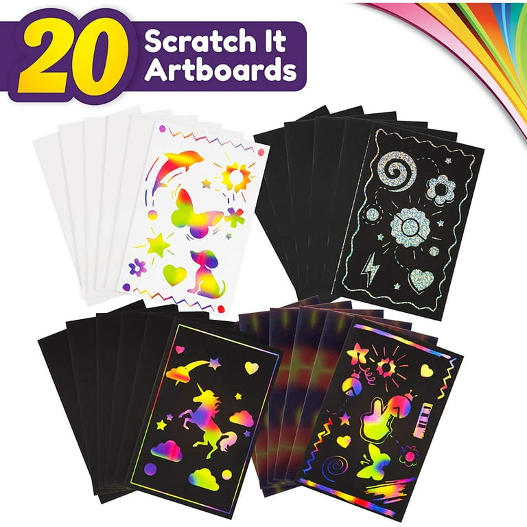 Creative Kids Rainbow Scratch Paper Craft Set - 185 Pieces Scratch Paper  Art Kit - Black Scratch Off Pad - Magic Scratchboard Sheets, Stencils -  Great