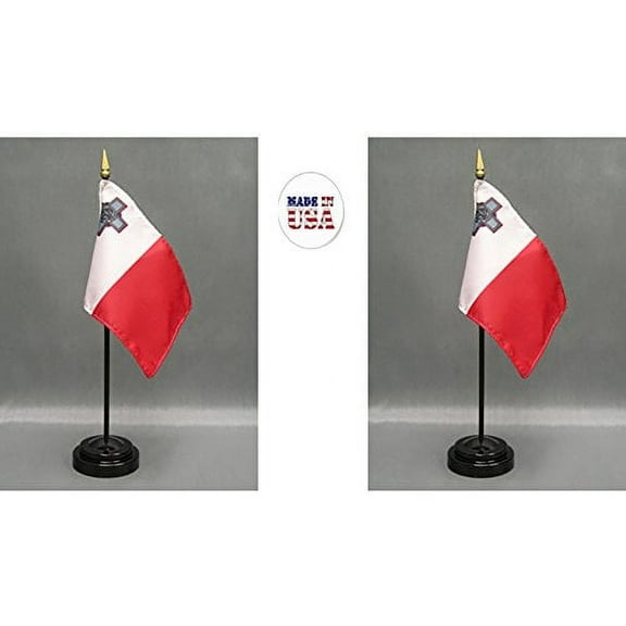 Made in The USA. 2 Malta Rayon 4"x6" Miniature Office Desk & Little Hand Waving Table Flags Includes 2 Flag Stands & 2 Small Mini Maltese Stick Flags