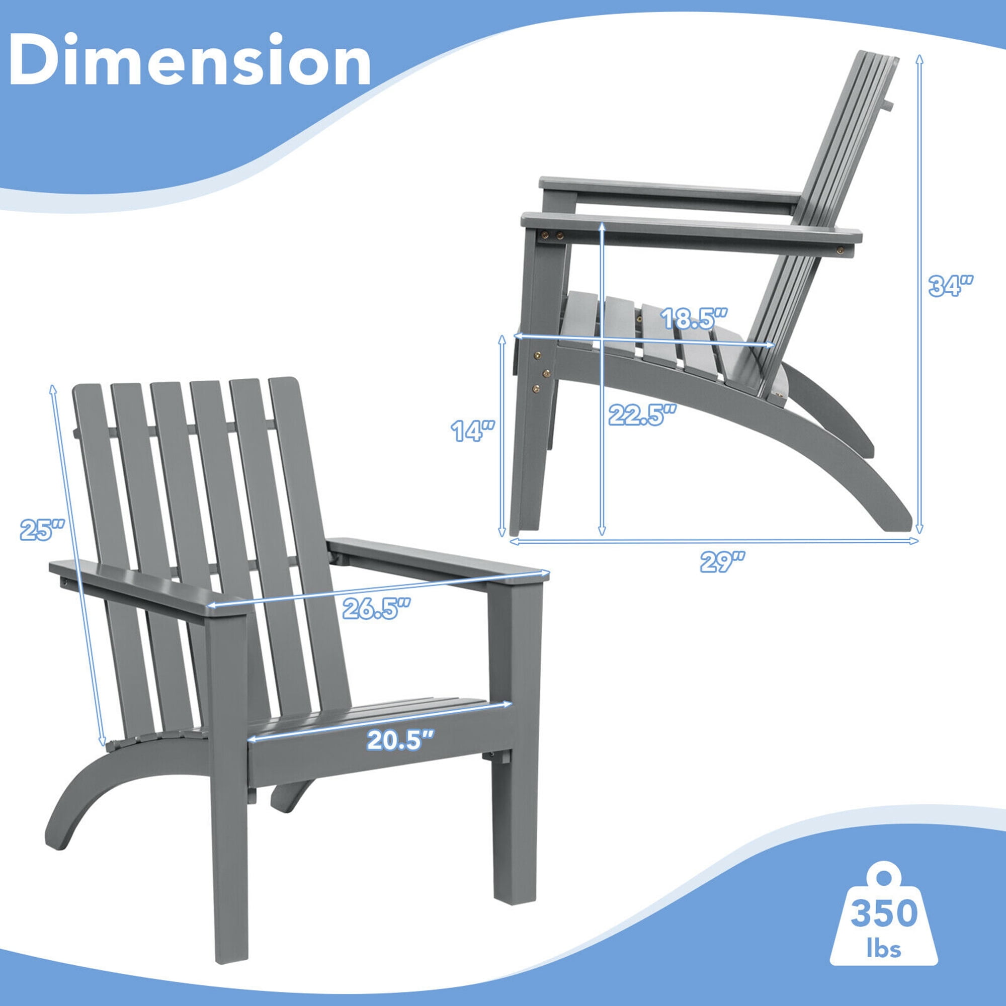 Gymax Set of 2 Outdoor Wooden Adirondack Chair Patio Lounge Chair w/ Armrest Grey