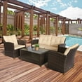 thumbnail image 2 of Outsunny 4 Pieces Patio Furniture Sets, Deluxe Outdoor Rattan Wicker Conversation Set with Chairs, Coffee Table and Cushion for Backyard Garden Poolside and Deck, Beige, 2 of 9