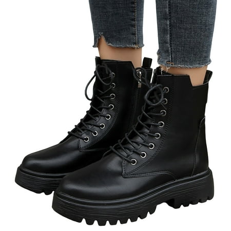 

Ankle Boots for Women Side Zipper Lace-up Combat Boots Round Toe Military Lace up Knits Ankle Boots Western Ankle Boots Low Heel Walking Boots for Women