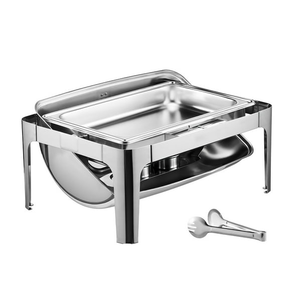 KFFKFF Buffet Chafing Dish Full Kit, 9 Qt Single Pack, Stainless Steel Chafer with Two Half-Size Pans, Rectangular Food Warmer with Transparent Lid, Water Pan, Collapsible Stand, and Fuel Holder