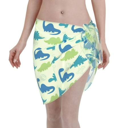 Adobk Women Beach Sarong Bathing Suit Cute Dinosaur Blue Green Print Wrap Skirt Sheer Bikini Swimsuit Cover Ups For Swimwear
