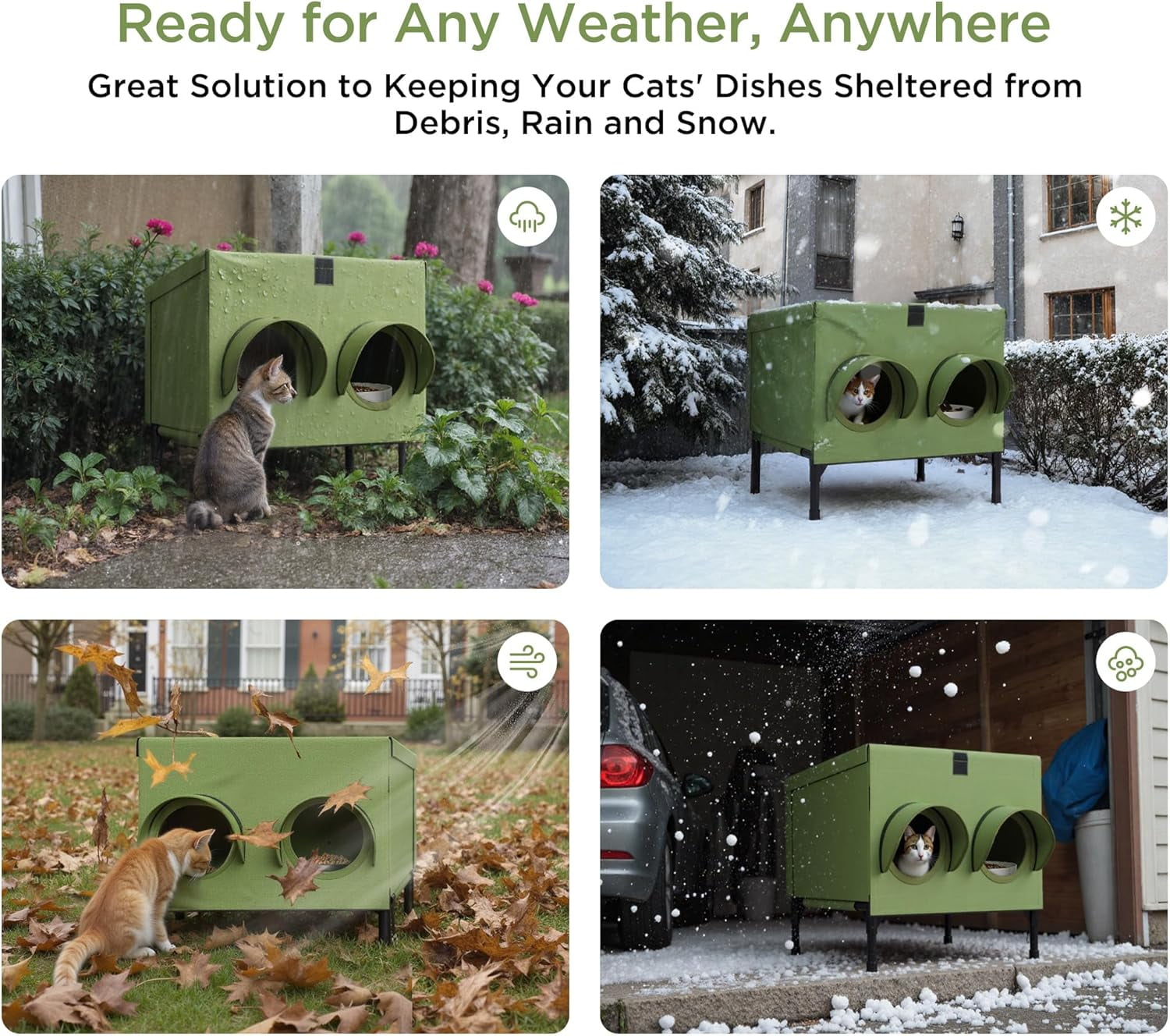 Outdoor Cat Feeding Station – Waterproof Dining Shelter for Feral & Community Cats, Insulated Roof & Walls, Dual-Feed Hole Design, Connects to Cat House – Green, 16"×12"×15.5"