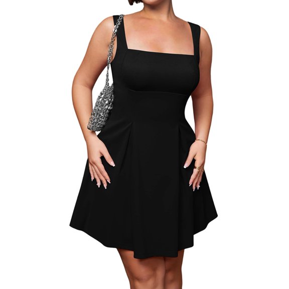 Women'S Sleeveless Square Neck Adjustable Straps Tie Back A-Line Mini Party Club Dress Black S