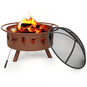 MoNiBloom 32" Round Outdoor Fire Pit, Wood Burning Table Top Fire Bowl Pit with Maple Leaves Pattern, Poker & Spark Screen for Patio Backyard, Brown