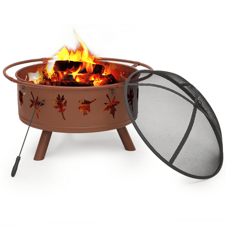MoNiBloom 32" Round Outdoor Fire Pit, Wood Burning Table Top Fire Bowl Pit with Maple Leaves Pattern, Poker & Spark Screen for Patio Backyard, Brown
