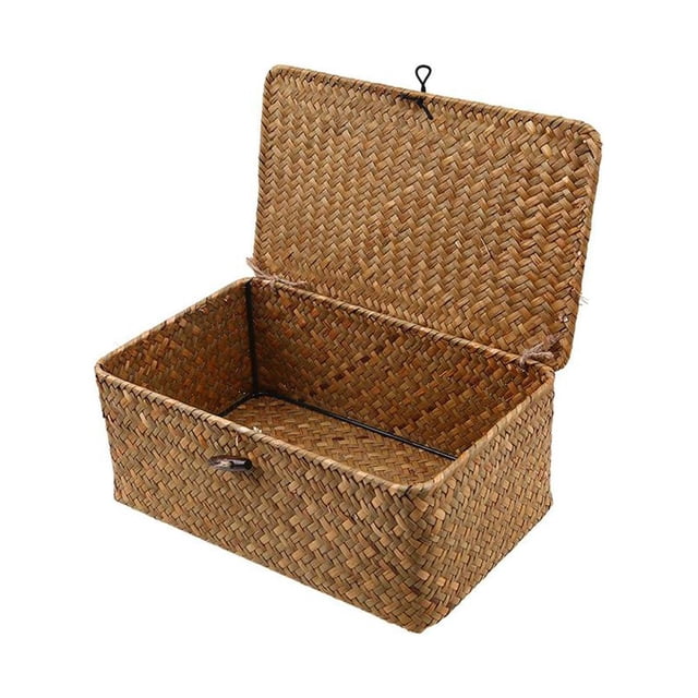 Organizador Cesta De Almacenamiento De Pastos Marinos Caja De Almacenamiento Tejida Con Tapas Organizador De Maquillaje Para El Hogar Cocina Oficina