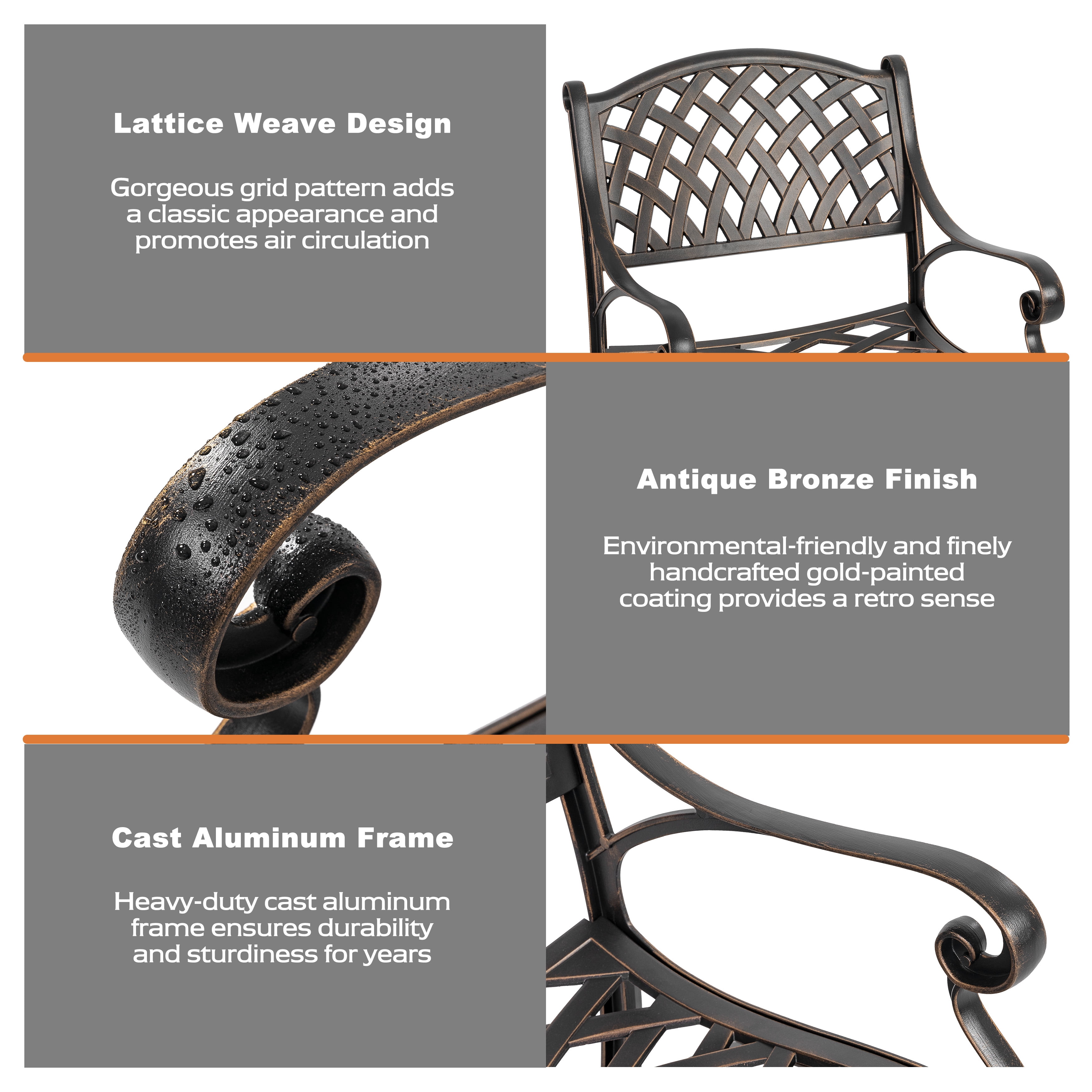 Nuu Garden 2 Piece Cast Aluminum Patio Dining Chairs with Armrests, Outdoor Bistro, Balcony, Backyard, Garden, Black with Gold Speckles