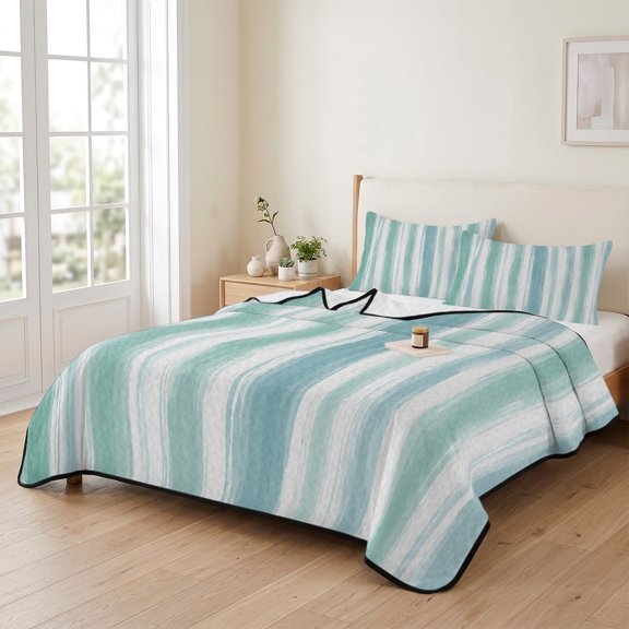 King Size Quilt Set, Watercolor Teal Stripe Lightweight Bedspread Coverlet Set Soft Microfiber Summer Quilt with 2 Pillow Shams, Abstract Line Ombre Art 3 Piece Comforter Bedding Set