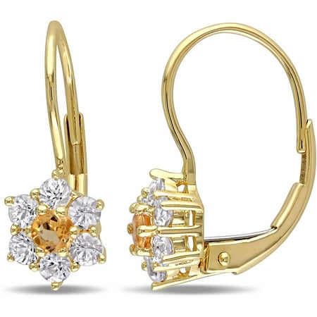 Tangelo 7/8 Carat T.G.W. Citrine and White Sapphire 10kt Yellow Gold Halo Star Design Leverback Earrings