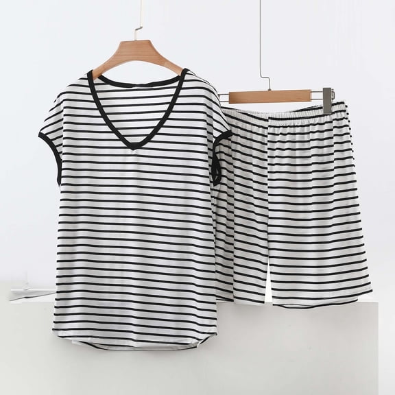 jobturf Plus Size Pajamas for Women Set Loose Fit Striped Lounge Sets Cap Sleeve Shirts and Summer Shorts Matching Pj 2 Piece Outfits S-5XL