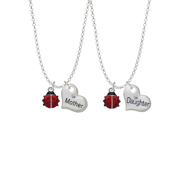 Delight Jewelry Silvertone Mini Red Translucent Ladybug Mother & Daughter Heart Necklaces (Set of 2), 19"+2"