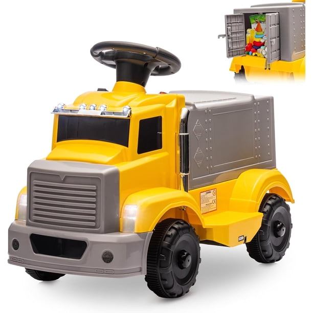 Coche eléctrico interactivo para niños 6V, automóvil para bebés con área de almacenamiento grande, música, 2 faros, 5 luces LED, incluye batería recargable 6V (amarillo)