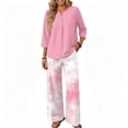 thumbnail image 6 of Vintage Sunflower Sketch Print Two Piece Set for Women, 3/4 Sleeve Button Down Top & Wide Leg Pants - Boho Casual Lounge Outfit with High Waist Trousers Pink XL, 6 of 7