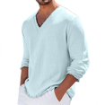 thumbnail image 3 of Men’s V Neck Long Sleeve T-Shirt Solid Color Cotton Linen Casual Spring Summer Top, 3 of 5