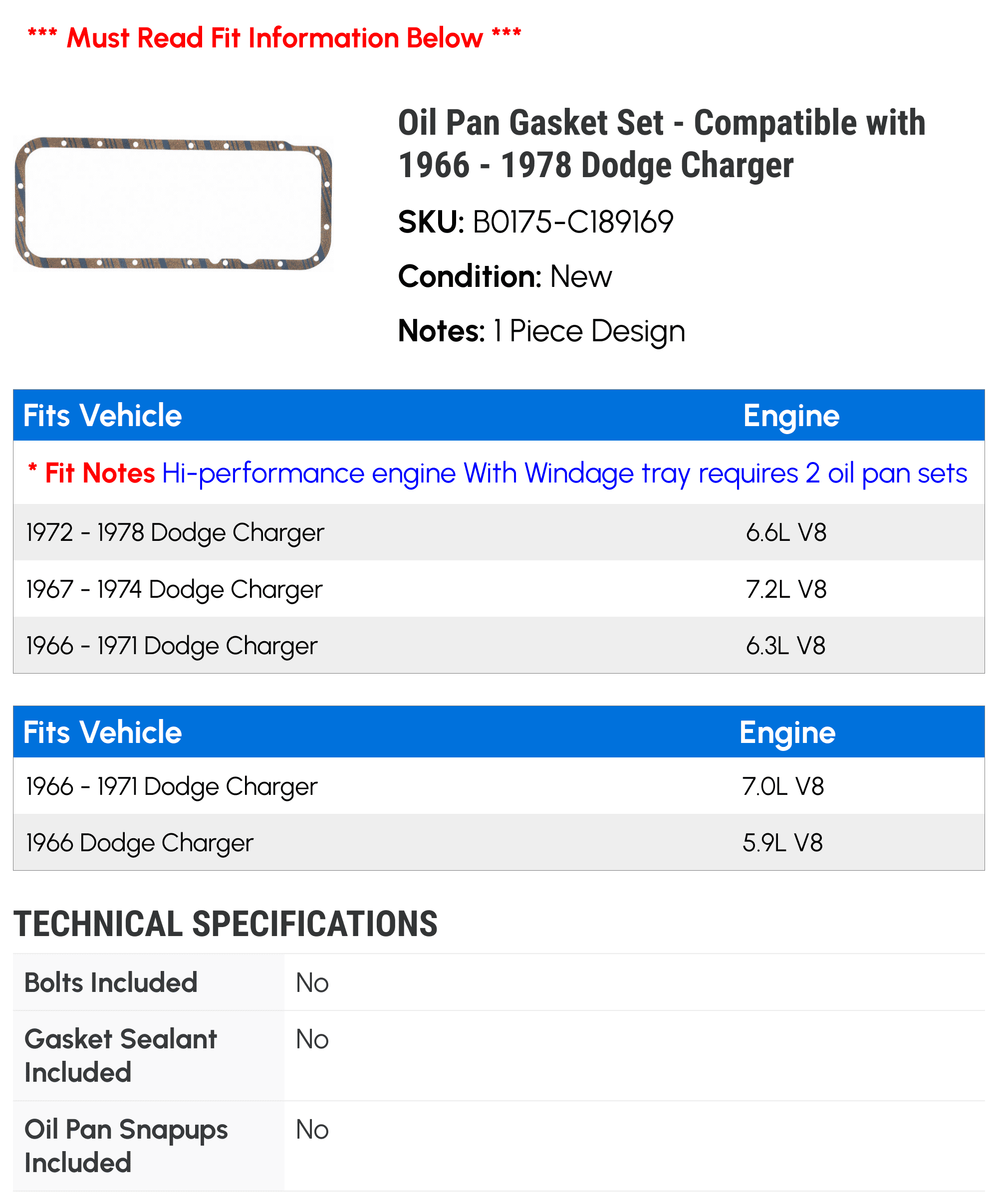 Oil Pan Gasket Set - Compatible with 1966 - 1978 Dodge Charger 1967 1968 1969 1970 1971 1972 1973 1974 1975 1976 1977