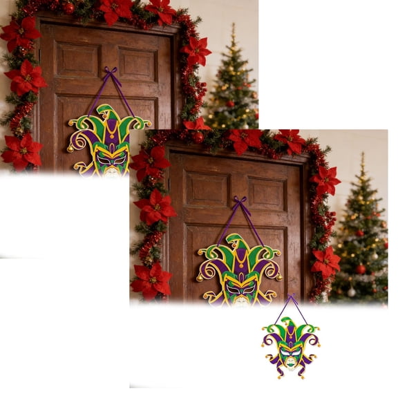 2Pcs Mardi Gras Door Decorations Porch Sign, New Orleans Mardi Gras Decorations Door Hanger, Masquerade Mask Carnival Parades Party Wall Window Hanging Decorations
