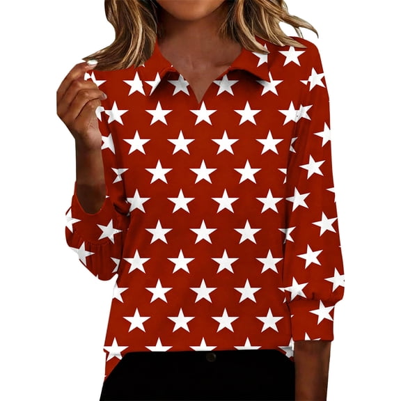 Staron Women's Casual Tops 3/4 Sleeve Round Neck Slim Fit Basic Blouse with Star Print Fashion Short Sleeve Shirt, Wine M