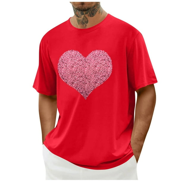 Tops para hombre, blusas y camisas de cuello redondo y manga corta para hombre. Camiseta/camisa informal de cuello redondo y manga corta con estampado de corazones para hombre. Tops de poliéster para