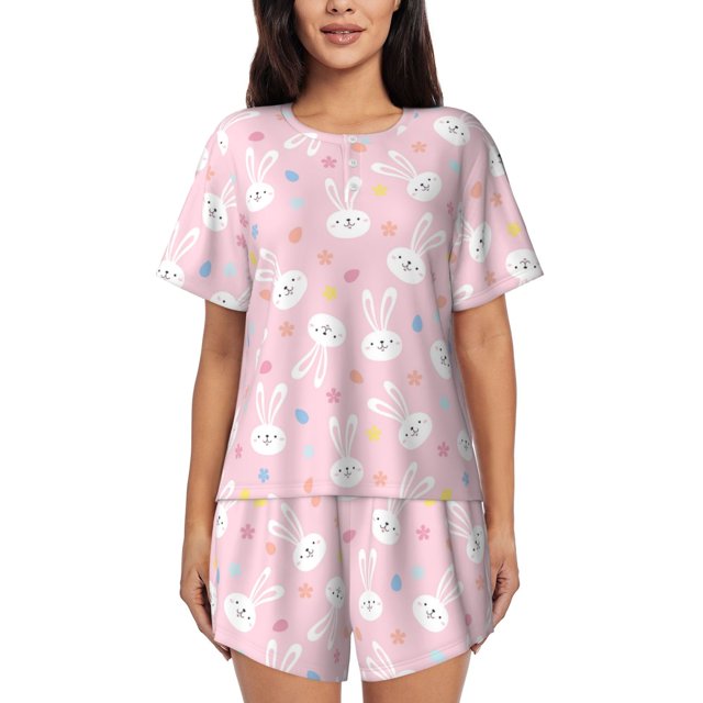 Fotbe Easter Cute Rabbit Conjunto de Pijama Estampado para Mujer, 2 Piezas, Ropa de Dormir con Camiseta de Manga Corta y Shorts Suaves-3X-Large