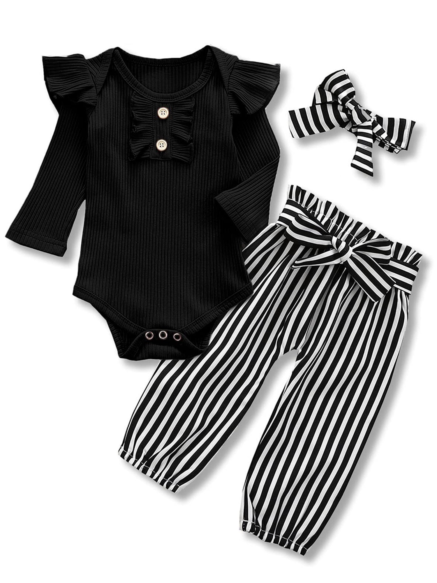 Dooleck Baby Ribbed Clothes Infant Girl Ruffle Bodysuit Jogger Pant Outfit Streetwear