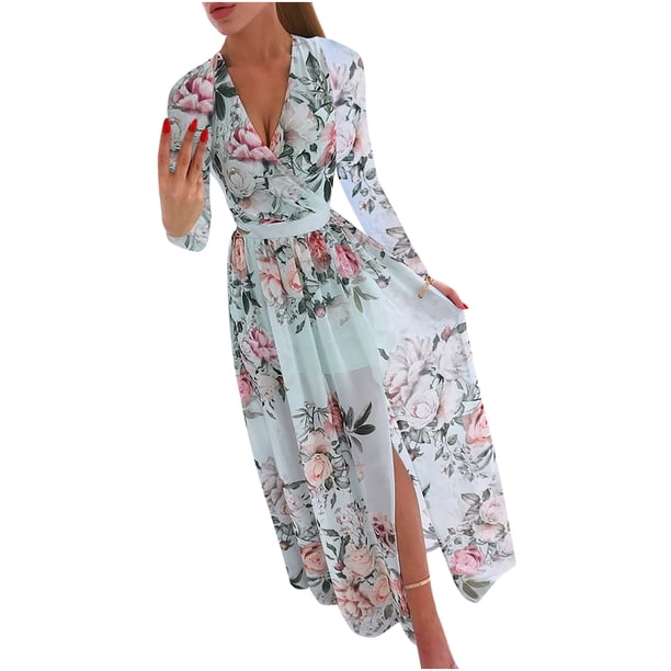 Vestidos Para Mujer Casual V-Cuello Manga Larga Floral Impreso Split Boho Vestidos Odeerbi ODB126271