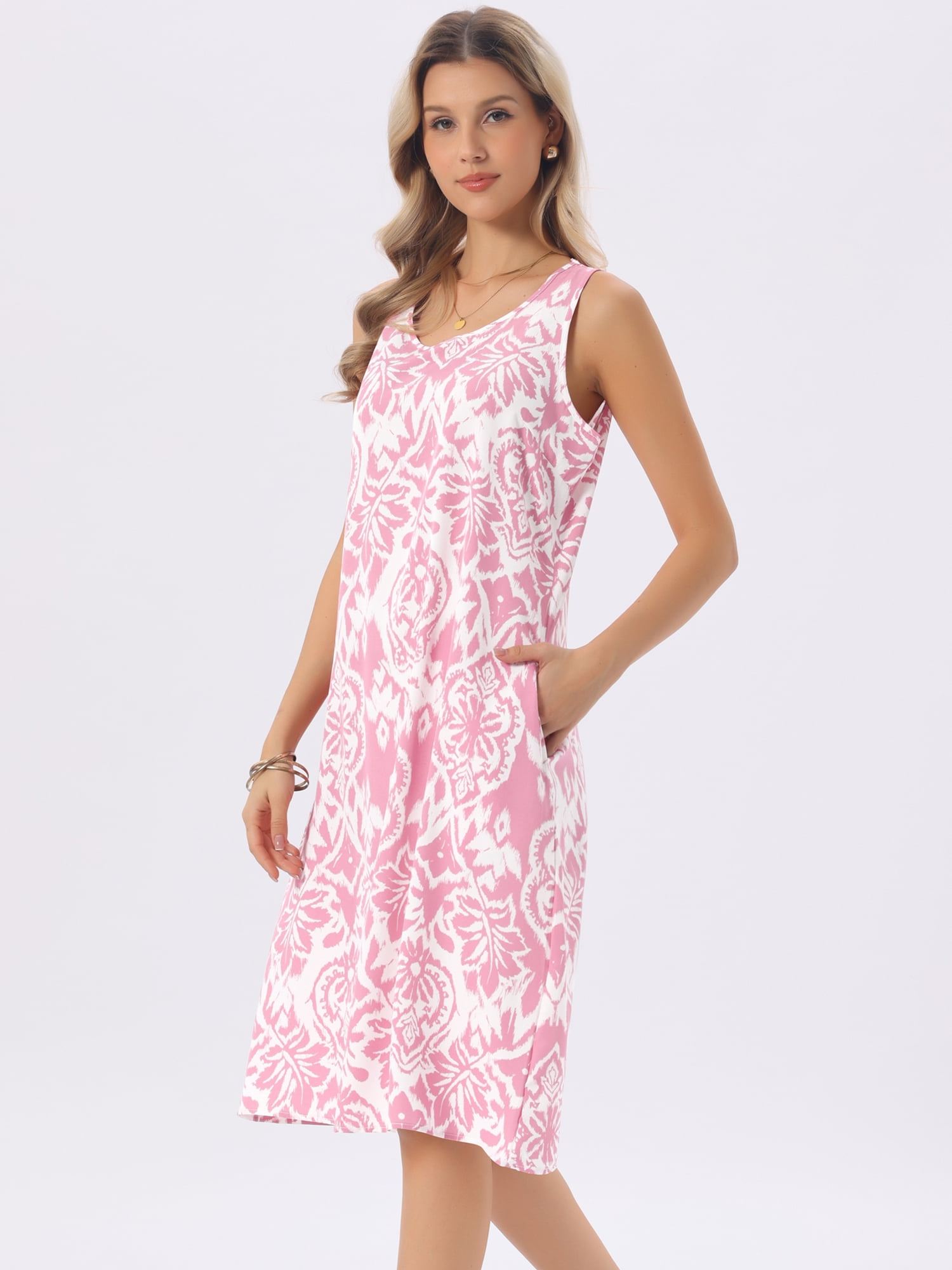 DARING DIVA Sleeveless Crewneck Print Midi Tank Dress Large Dusty Pink