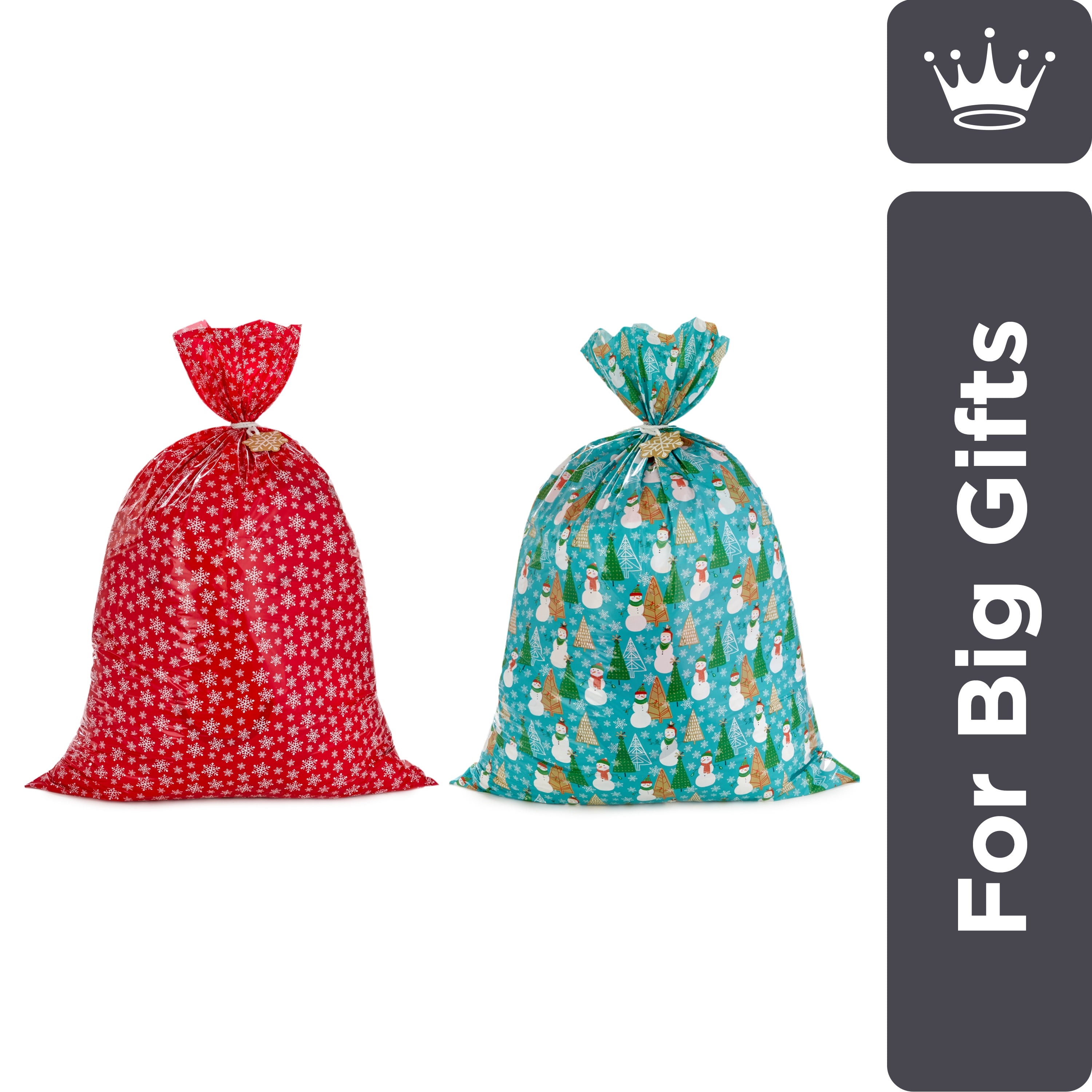 Hallmark Jumbo Plastic Holiday Gift Bags (2 Bags: Snowflakes on Red, Rustic Snowmen) for Carry-on Luggage, Giant Stuffed Animals, Bedding Sets