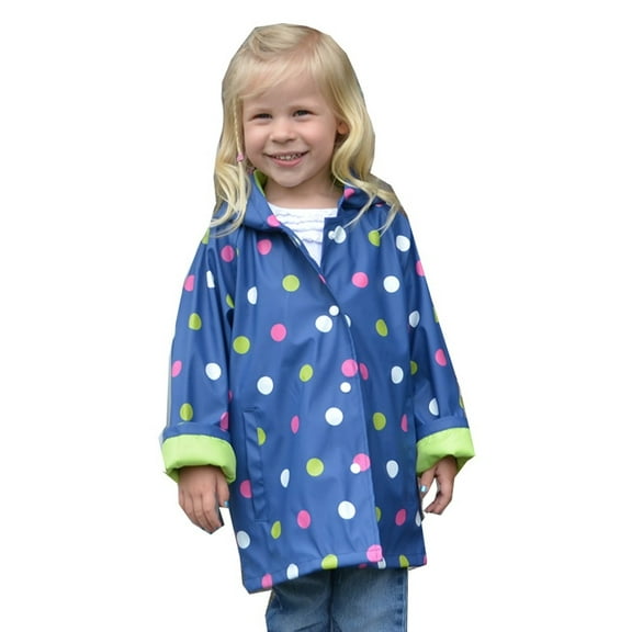 Foxfire Girls Navy Shiny Polka Dotted Print Trendy Raincoat 8
