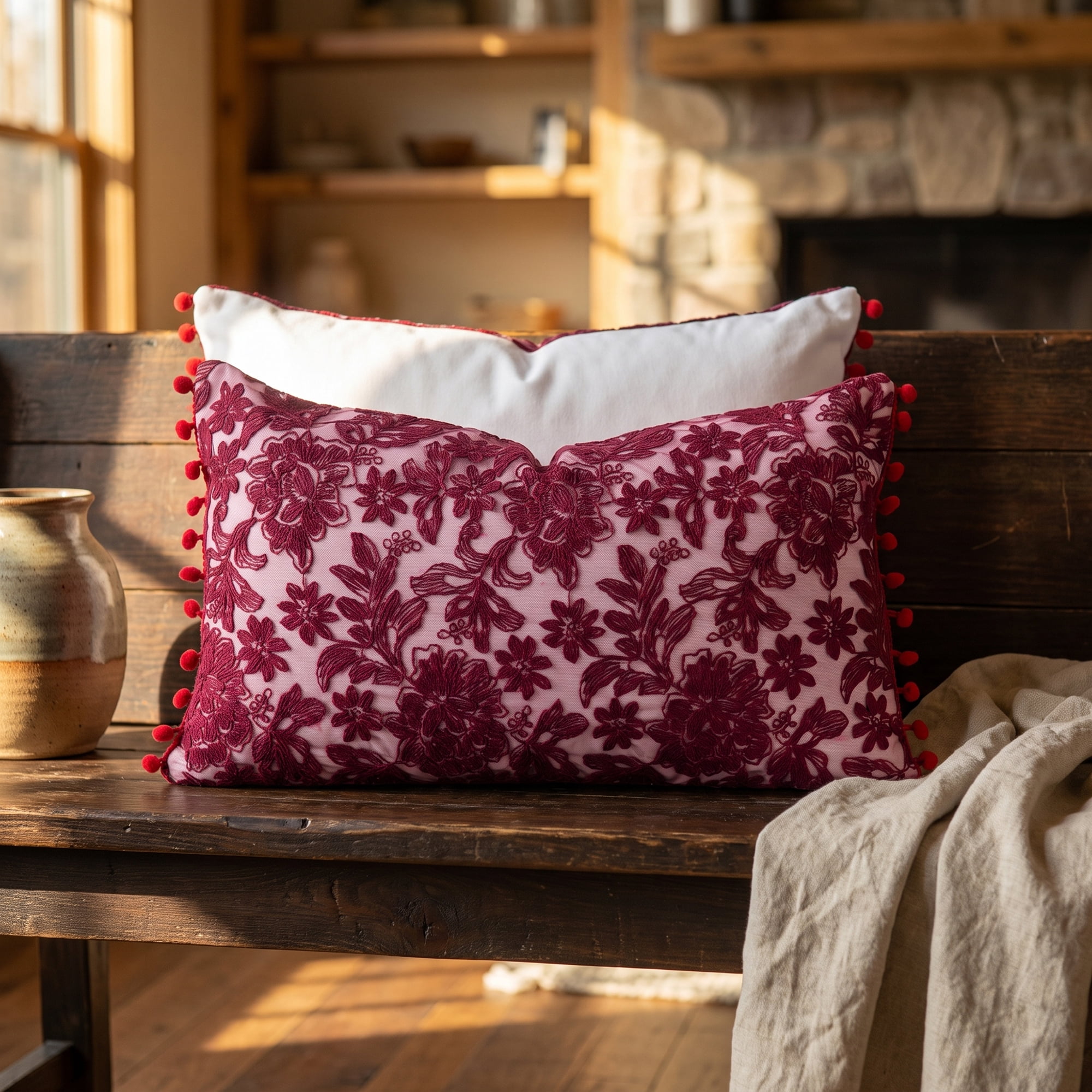 Unique Bargains Elegant Vintage Floral Throw Pom-Pom Pillow Covers Red 20" x 12"