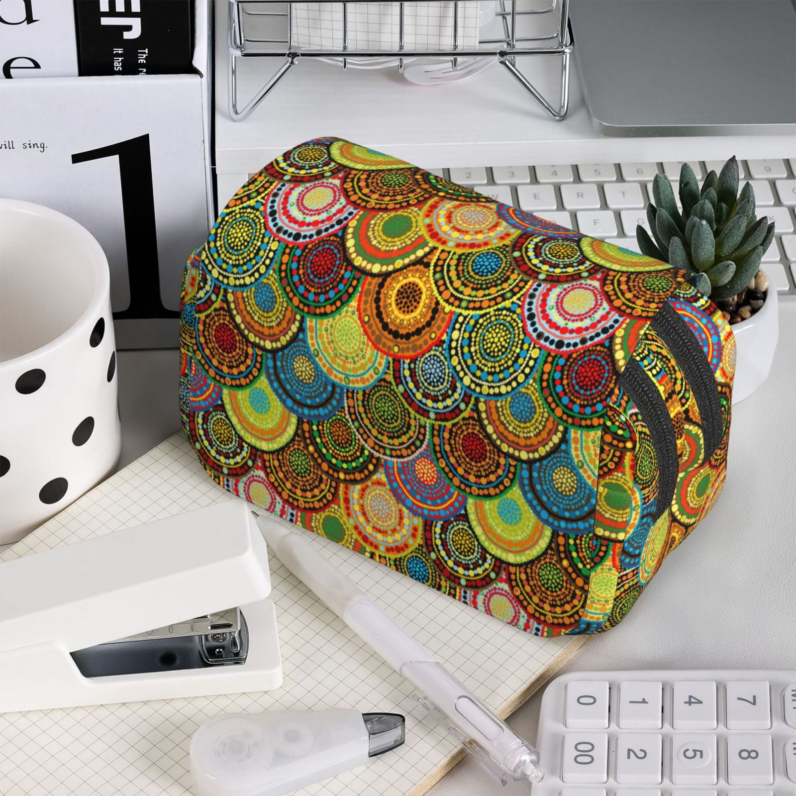 Rateoe Colorful Circle Pattern Double Clamshell Pen Case, Storage Organizer with Two Zipper Compartments– Holds Up to 50 Pencils & Pens