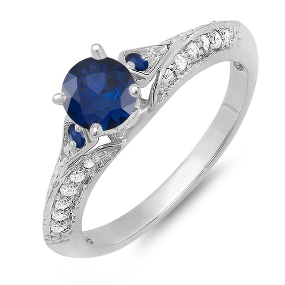 Dazzlingrock Collection 14K Round Blue Sapphire & White Diamond Ladies Bridal Engagement Ring, White Gold, Size 7.5