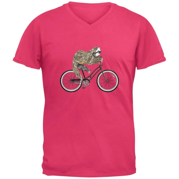 Bicycle Sloth Mens V-Neck T Shirt Hot Pink MD