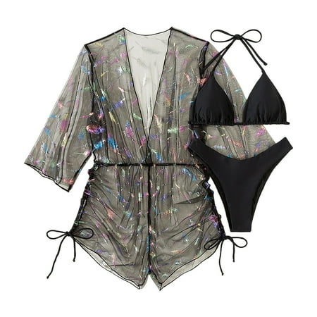 Mesh Feather Print Backless Bikini Set - Sexy Two Piece Swimwear for Women Black L
