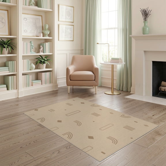ODIKA 4'x6' Beige Modern Geometric Abstract Washable Area Rug Contemporary Minimalist Scattered Shapes Artistic Stain Resistant, Low Pile, Easy Care for Dorm Room, Small Living