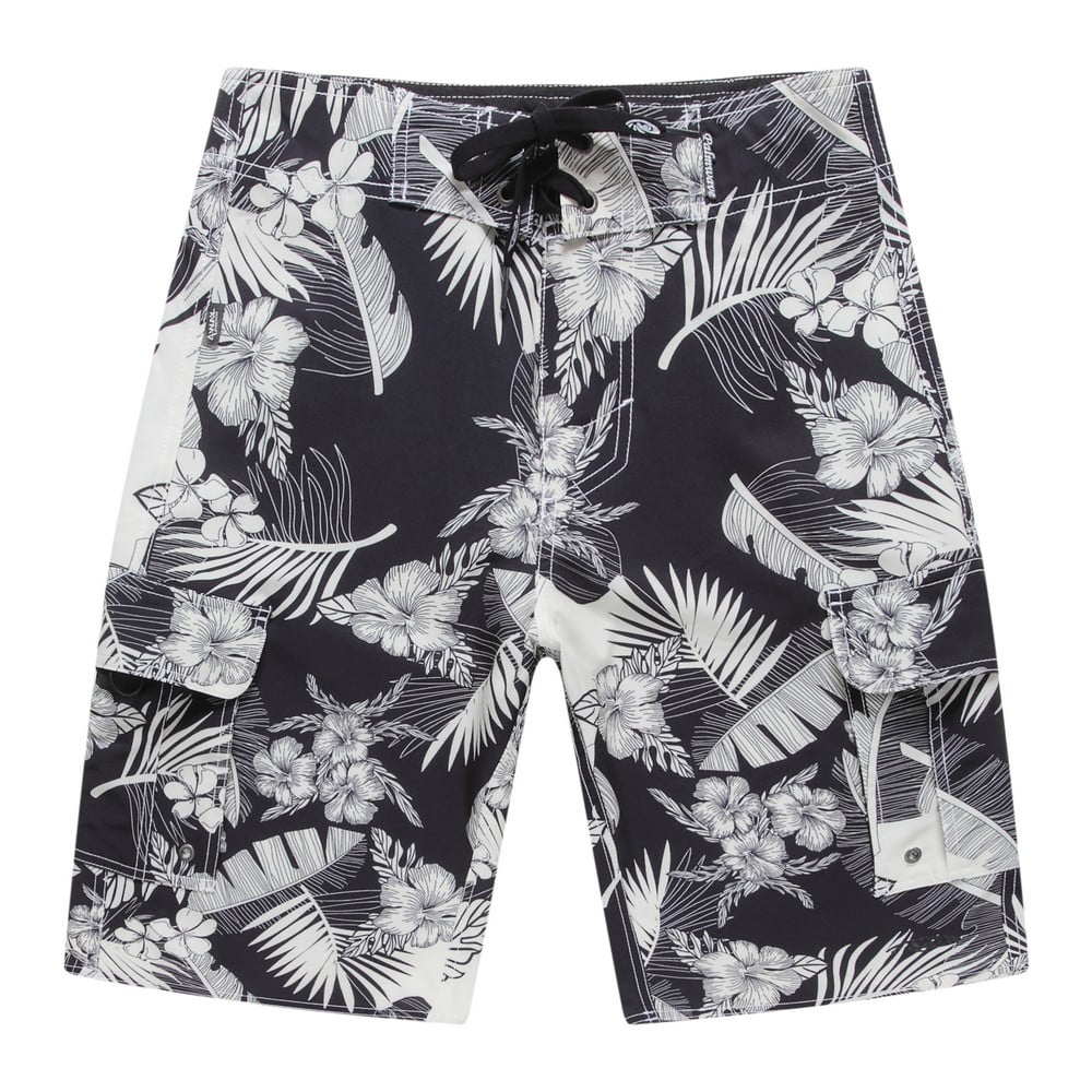 Men's Beach Wear Board Shorts with Pocket in Black with Cream Floral ...