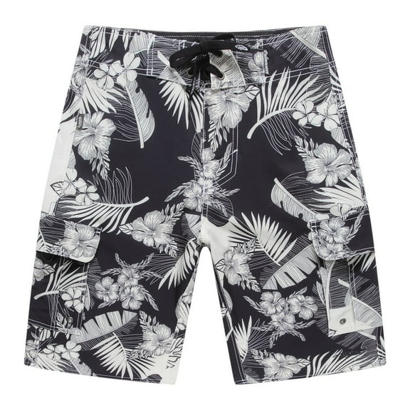 Men's Beach Wear Board Shorts with Pocket in Black with Cream Floral and Leaves 30