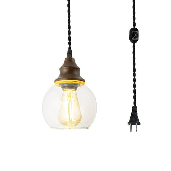 KAYYELAMP 15ft Dimmable Cord Plug-in Pendant E26 Walnut Base Clear Glass Ball Shade Hanging Light Vintage Decor for Kitchen Home Office(No Bulb)
