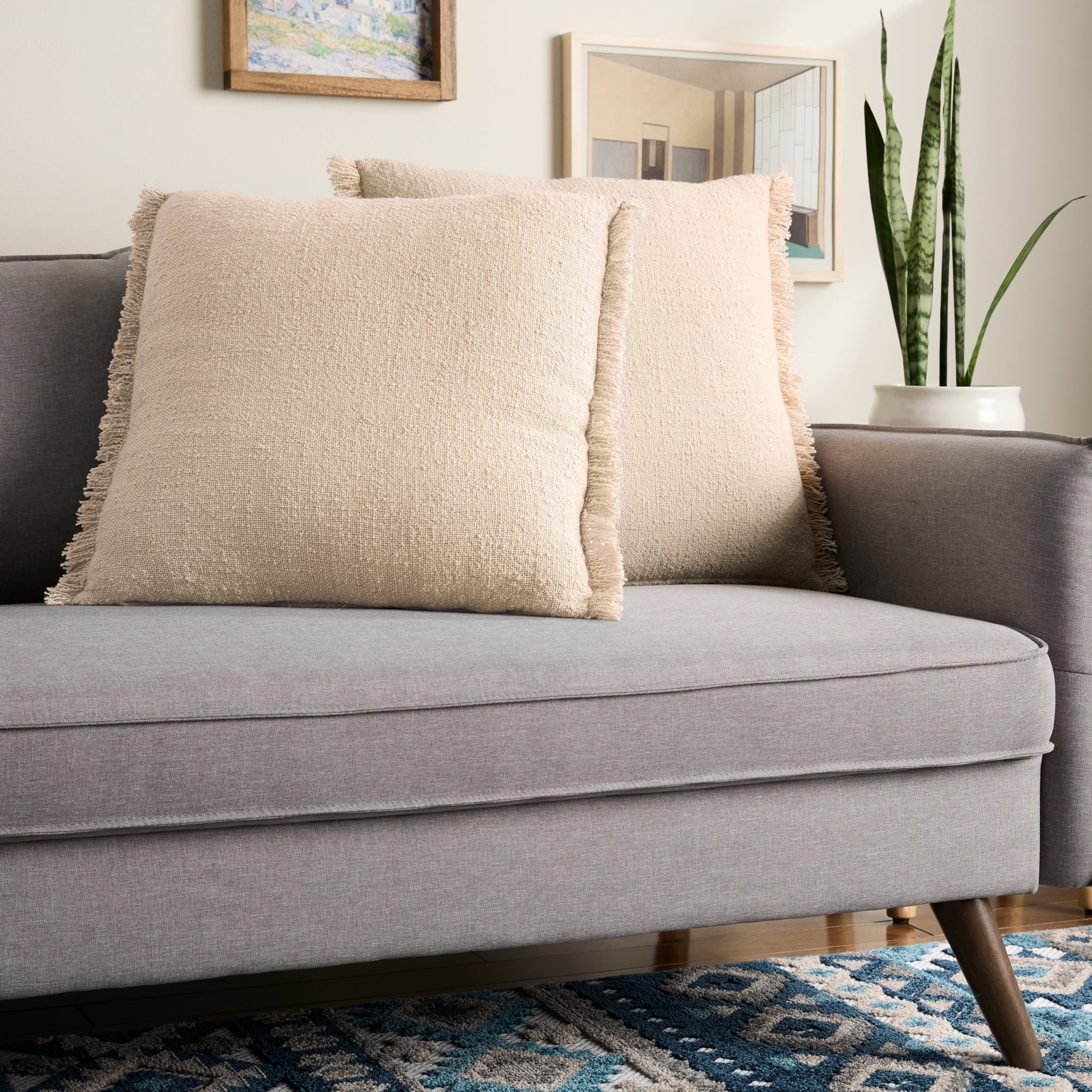 TOWN & COUNTRY EVERYDAY Rio Solid Fringe Handcrafted Indoor Outdoor Decorative Pillow 2-Pack Set, 100% Recycled Materials, UV Fade Resistant, Water Repellent, Beige 20"x20"